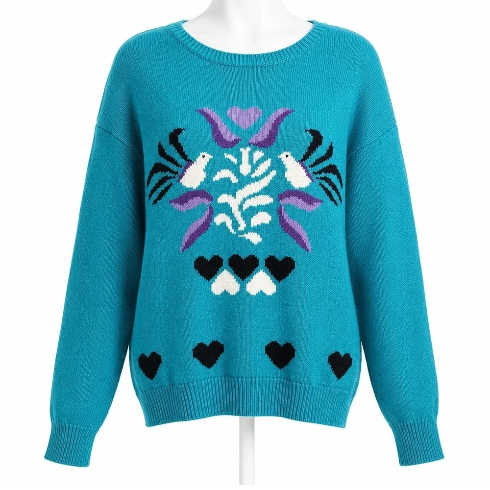 Tan Jay Lovebird Heart Novelty Knit Sweater Birds‎ Hearts Blue Womens Small